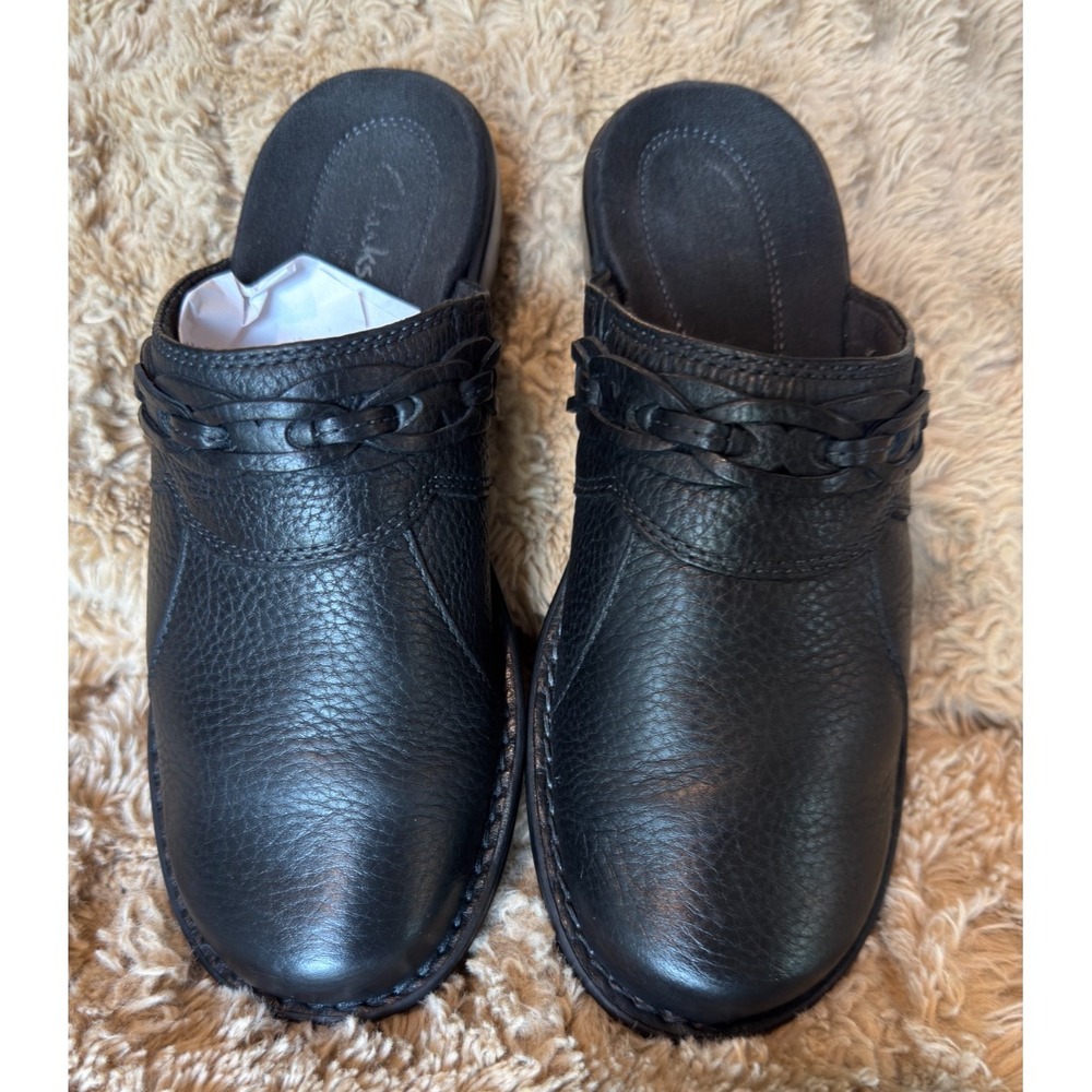 Clarks Collection Women's Black Leather Braided Slip-On Clog Mules Size 7.5 M